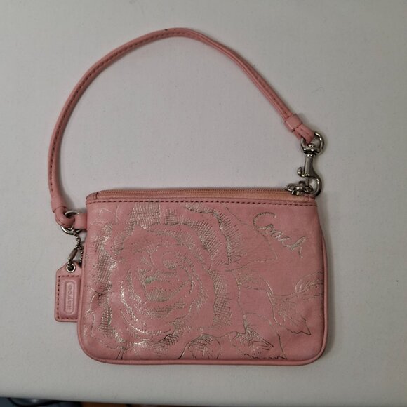 COACH Coral Pink Floral Wristlet Pouch Wallet Silvertone Hardware 6.25 x 4.25 in - Picture 2 of 7